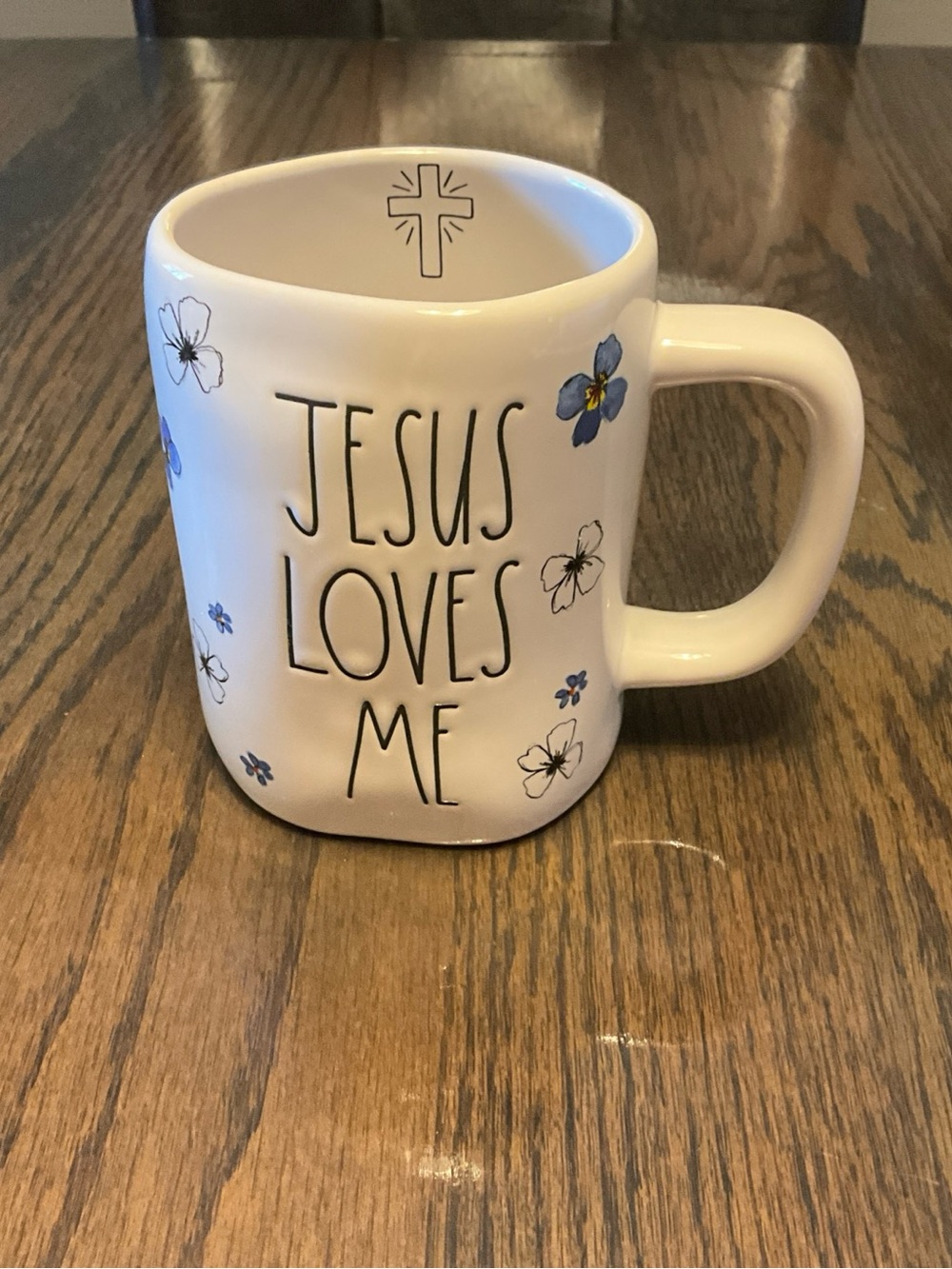 Rae Dunn White Mug with Blue Floral Accents - Jesus Loves Me